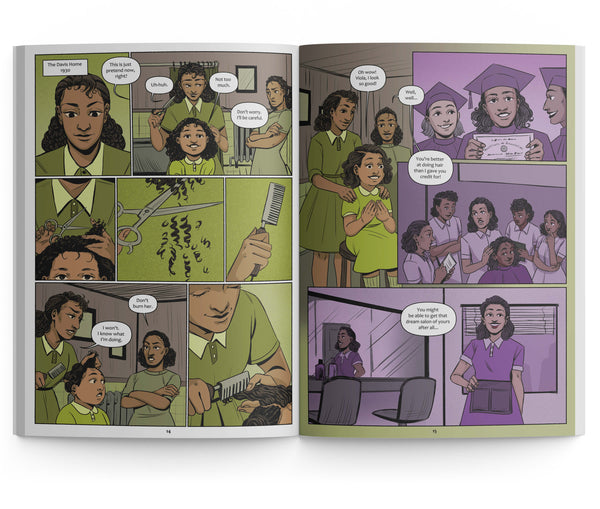 Interior of Viola Desmond book and graphic novel
